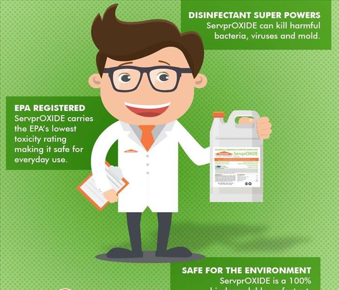 Cartoon SERVPRO chemist holding a jug of ServprOXIDE. The text bubbles around him stating facts about the product. 