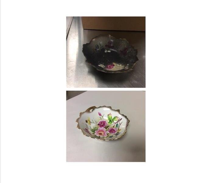 A before and after picture of antique bowls that were affected in a fire.  1 all black. 2 antique design of flowers are shown