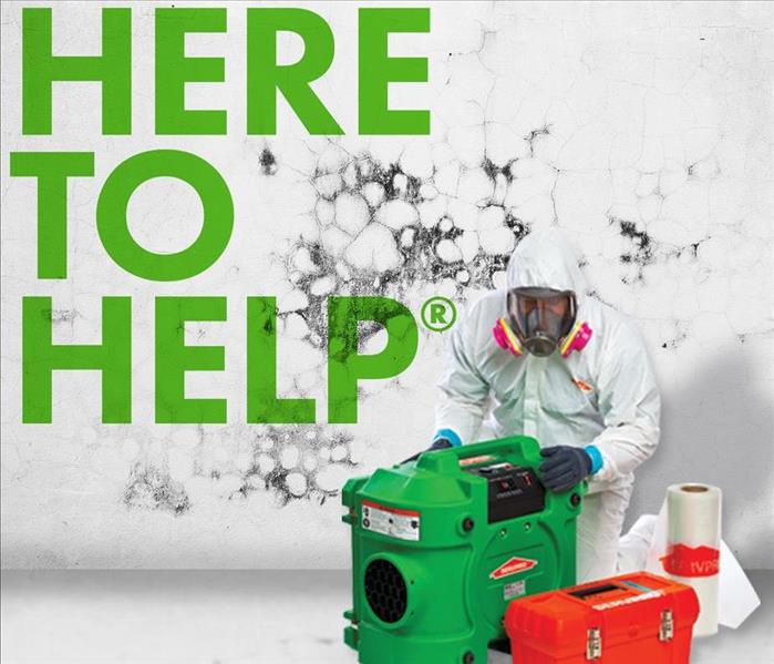 The words "Here to Help" with a SERVPRO employee in a Tyvek suit with various SERVPRO equipment. 