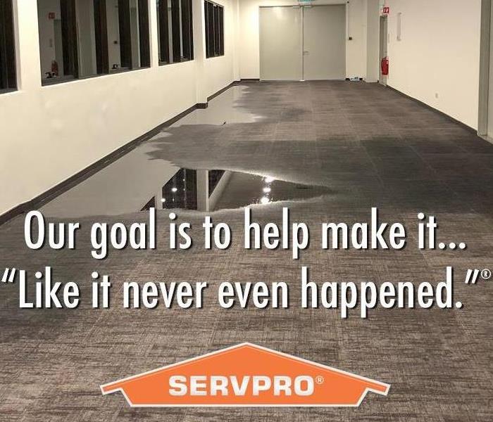 A flooded office hallway with the quote: Our goal is to help make it "Like it never even happened."